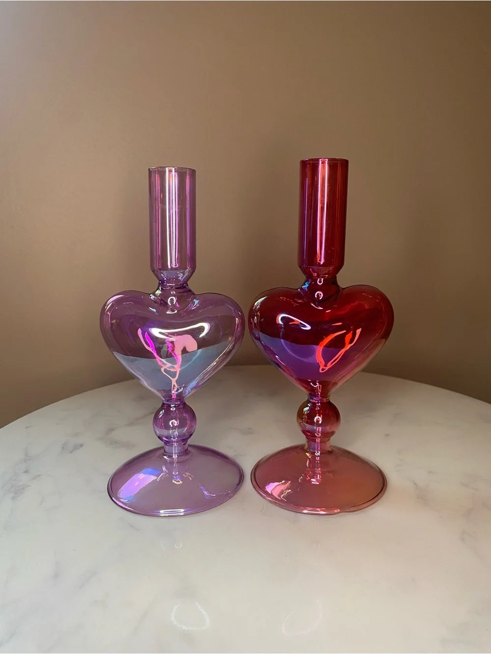 (2) Glass Heart Tapered Candle Holders